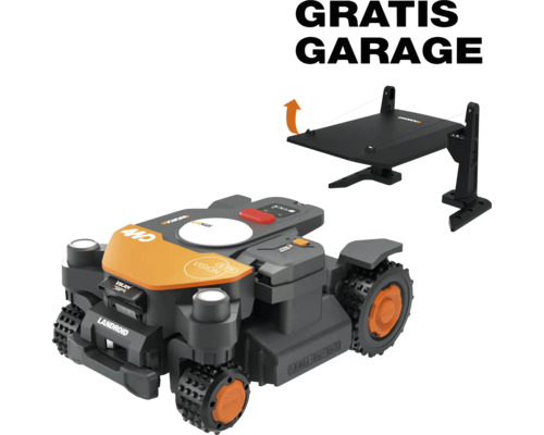 Tondeuse robot Worx Landroid avec quatre roues motrices, technologie Vision et un garage gratuit assorti.