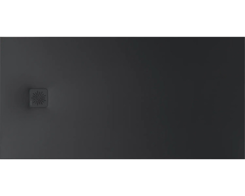 Receveur de douche rectangulaire en anthracite avec une surface mate et un cache-bonde carré au motif en étoile.