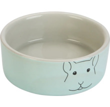 Keramiknapf für Kleintiere mit Tiermotiv, hellblaues Äußeres und cremefarbenes Inneres.