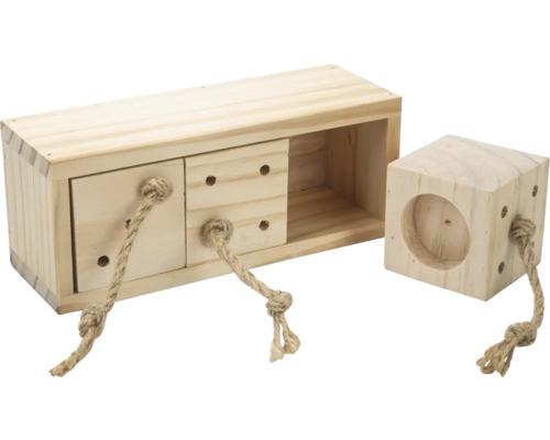 Jouet d'intelligence en bois pour petits animaux avec poignées en corde pour retirer les compartiments à friandises.