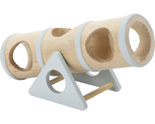 Tunnel de jeu pour petits rongeurs en bois avec plusieurs ouvertures sur un support à bascule.