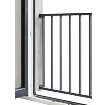 Französischer Balkon aus Metall in Anthrazit, montiert an einem Fensterrahmen mit vertikalen Streben.