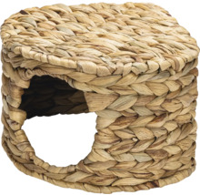 Kleintierhaus aus geflochtener Wasserhyazinthe mit rundem Eingang.