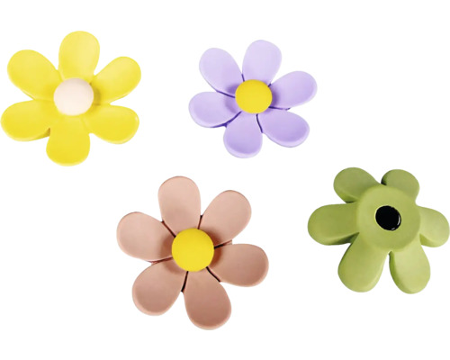 Möbelknöpfe in Blumenform im Viererset in den Farben Gelb, Violett, Rosa und Grün.