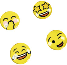 Vier gelbe, runde Emoji-Magnete mit Ausdrücken wie Sternenaugen, errötend mit Hand vor dem Mund, Zwinkern und lachend mit Tränen.