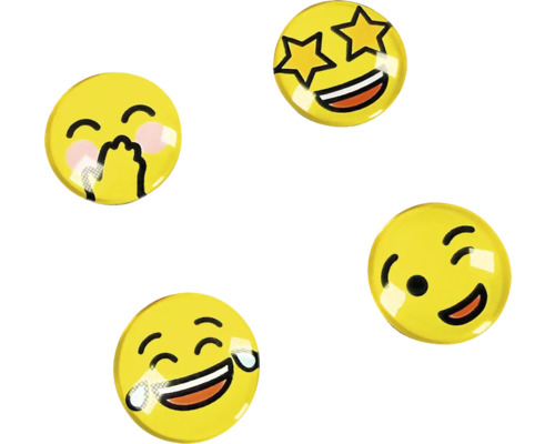 Vier gelbe, runde Emoji-Magnete mit Ausdrücken wie Sternenaugen, errötend mit Hand vor dem Mund, Zwinkern und lachend mit Tränen.