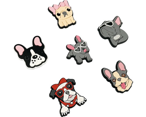 Set aus sechs Schuh-Charms mit verschiedenen französischen Bulldoggen-Motiven.