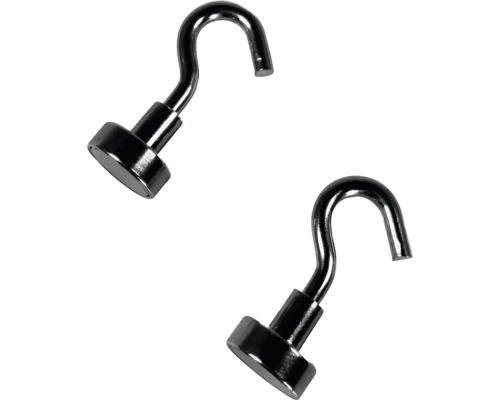 Zwei silberne Magnethaken aus Metall mit runder Basis.