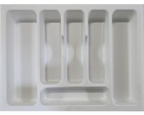 Range-couverts blanc en plastique avec six compartiments pour tiroir.