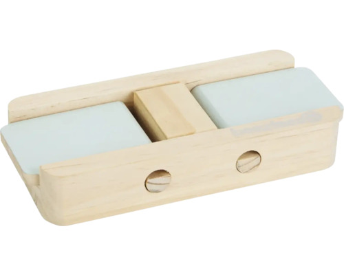 Holzbauteil mit zwei hellblauen Schiebeflächen und zwei seitlichen Bohrungen.