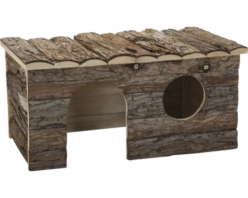 Kleintierhaus aus Naturholz mit Rinde, rechteckige Form, ein bogenförmiger Eingang und eine runde Fensteröffnung.