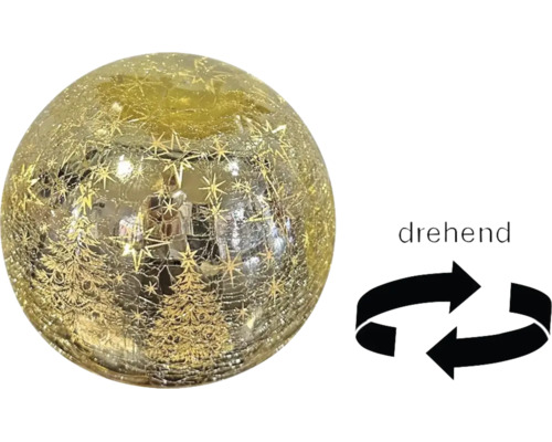 Boule en verre rotative avec motifs de sapins et d'étoiles et effet craquelé.