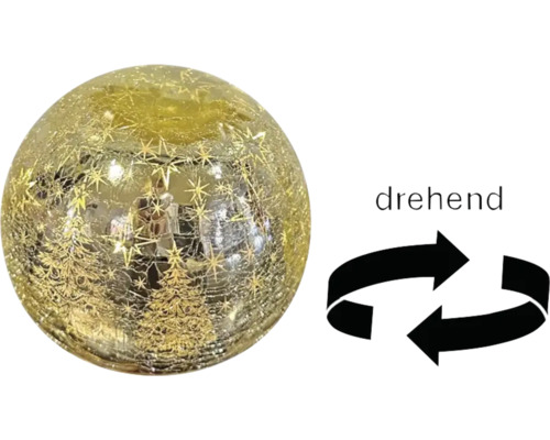 Boule de Noël rotative dorée en verre avec motifs de sapins et d'étoiles.