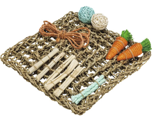 Aktivitätsmatte aus Seegras für Kleintiere mit Holz-Knabberstäben, geflochtenen Bällen und karottenförmigem Spielzeug.