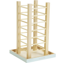 Vogelspielplatz aus Holz mit vier Kletterleitern und einer quadratischen Bodenplatte für Wellensittiche und Kanarienvögel.
