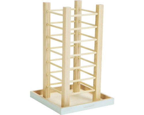 Vogelspielplatz aus Holz mit vier Kletterleitern und einer quadratischen Bodenplatte für Wellensittiche und Kanarienvögel.