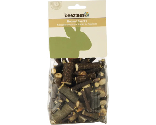 Beeztees Nagetiersnacks, hölzerne Knabberstäbe für Nagetiere in Klarsichtverpackung mit Beeztees Logo und Naturprodukt-Siegel.