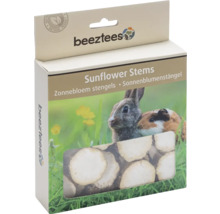 Beeztees Logo. Beeztees Sonnenblumenstängel für Kleintiere mit Abbildung von Kaninchen und Meerschweinchen sowie Sichtfenster auf das Produkt.