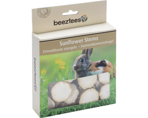 Beeztees Logo. Beeztees Sonnenblumenstängel für Kleintiere mit Abbildung von Kaninchen und Meerschweinchen sowie Sichtfenster auf das Produkt.