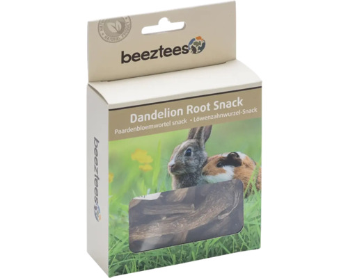 Beeztees Logo, Löwenzahnwurzel-Snack für Kaninchen und Meerschweinchen, getrocknete Wurzeln in einer Packung mit Sichtfenster und Naturprodukt-Siegel.