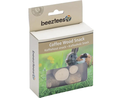 Beeztees Kaffeeholz Snack für Kleintiere in einer Kartonverpackung mit Sichtfenster. Beeztees Logo und Symbol für Naturprodukt.