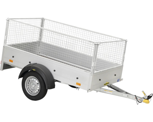 Humbaur Autoanhänger Einachser mit Gitteraufsatz aus verzinktem Stahl.