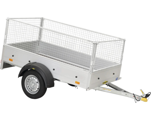 Einachsiger Humbaur Pkw-Anhänger mit hohem Gitteraufsatz aus verzinktem Stahl.