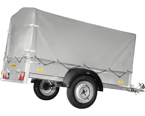 Humbaur Einachser-Anhänger mit grauer Hochplane, Metallrahmen und schwarzen Kotflügeln.