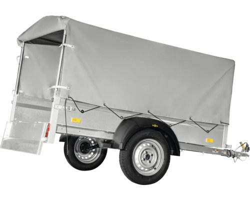 Einachsiger Anhänger mit hoher grauer Plane und Aluminium-Bordwänden.