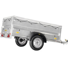 Humbaur Pkw-Anhänger Tieflader mit Flachplane, Aluminiumbordwänden und Einachsfahrgestell.