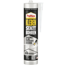 Pattex Colle de montage Kleben statt Bohren cristalline, cartouche intérieur et extérieur, adhérence 100 kilogrammes par mètre carré.
