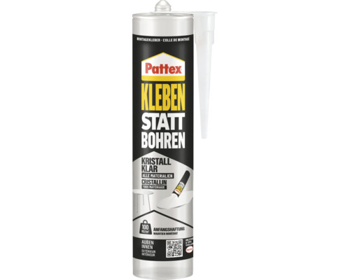 Pattex Colle de montage Kleben statt Bohren cristalline, cartouche intérieur et extérieur, adhérence 100 kilogrammes par mètre carré.