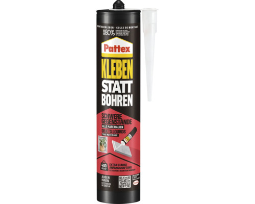 Pattex Montagekleber Kleben statt Bohren für schwere Gegenstände, 400 Kilogramm pro Quadratmeter Anfangshaftung, für innen und außen.