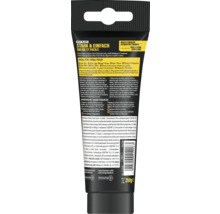 Rückansicht einer 250 Gramm Tube Pattex Kleben statt Bohren Stark und Einfach Montagekleber mit Produktinformationen und Gebrauchsanweisung.