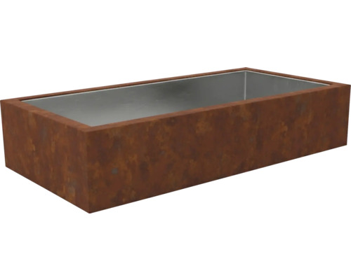 Jardinière rectangulaire en métal avec surface rouillée et intérieur argenté.