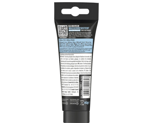 Rückseite einer Tube Pattex Kleben statt Bohren Wasserresistent Klebstoff, 142 Gramm, mit Anwendungshinweisen und technischen Details.