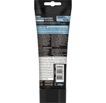Rückansicht der Tube Pattex Kleben statt Bohren Wasserresistent, 340 Gramm, mit Anwendungshinweisen und technischen Details.