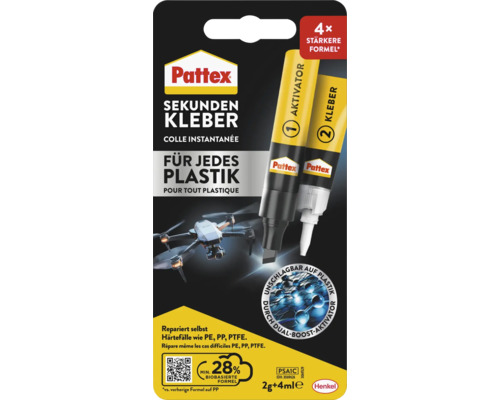 Pattex Sekundenkleber für Kunststoffe wie PE, PP und PTFE, bestehend aus einem Aktivator-Stift und einer Klebstofftube.