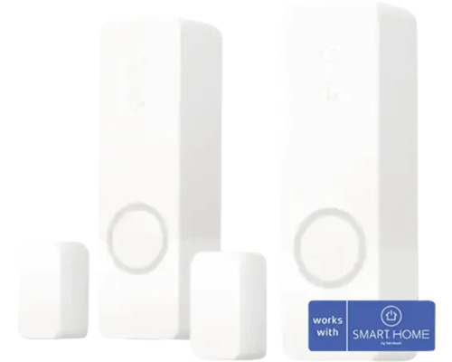 Deux détecteurs d'ouverture intelligents blancs pour portes et fenêtres avec aimants et logo works with SMART HOME by hornbach.