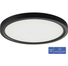 Plafonnier LED rond avec cadre noir et diffuseur blanc. Logo SMART HOME by hornbach.