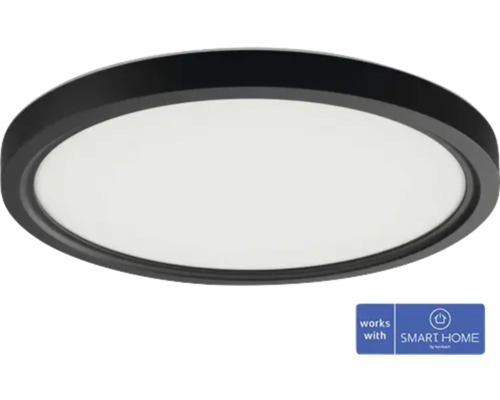 Plafonnier LED rond avec cadre noir et diffuseur blanc. Logo SMART HOME by hornbach.
