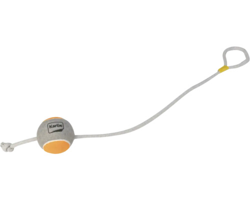 Jouet pour chien Karlie balle de lancer sur une longue corde avec boucle de maintien.