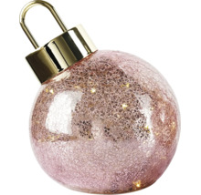 Boule de Noël en verre rose avec effet craquelé, éclairage LED intégré et attache dorée.
