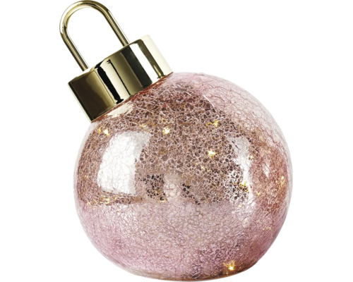 Boule de Noël en verre rose avec effet craquelé, éclairage LED intégré et attache dorée.