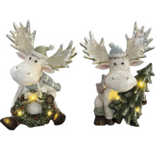 Deux figurines décoratives d'élans de Noël avec éclairage, un élan avec une couronne et un élan avec un sapin.