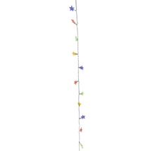Bunte LED-Lichterkette mit sternförmigen Leuchtmitteln an einem dunklen Kabel.