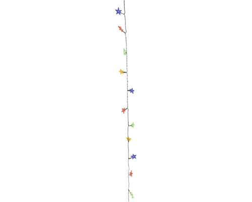 Bunte LED-Lichterkette mit sternförmigen Leuchtmitteln an einem dunklen Kabel.