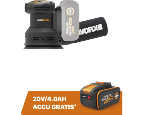 Ponceuse excentrique sans fil Worx Nitro 20 Volt avec batterie 4,0 Amperes-heures gratuite.