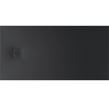 Receveur de douche rectangulaire anthracite avec cache-bonde carré à motif étoilé.