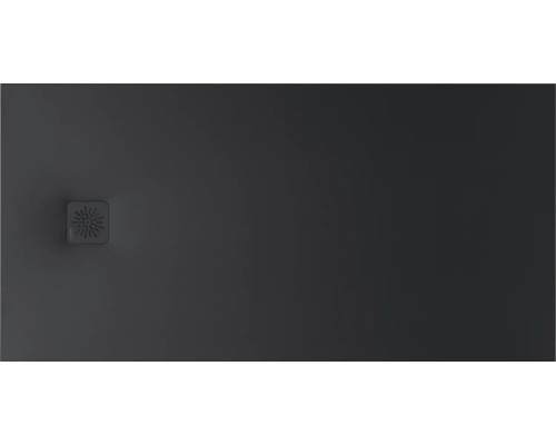 Receveur de douche rectangulaire anthracite avec cache-bonde carré à motif étoilé.
